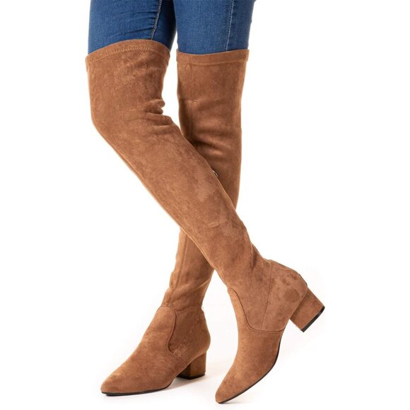 Women Brown 2 Inch Over the Knee Thigh High Suede Block Long Pointed toe Boots - Picture 7 of 7